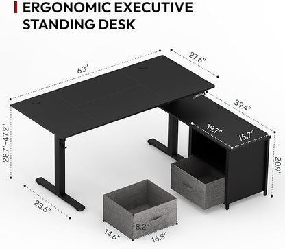SANODESK 63'' L Shaped Standing Desk with 2-Drawer File Cabinet, Electric Height Adjustable Stand up Desk w/USB Charge Ports, Home Office Modern Wood Computer Desk with Shelves,Black Frame/Black Top