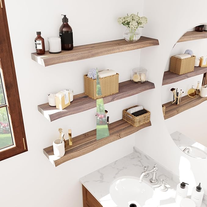 Howizz 24" Acacia Live Edge Floating Shelves Set of 2 - Wall Mounted Wooden Shelf for Stylish Home Décor - Dark Walnut Color 24x7.5x1.5 Inches