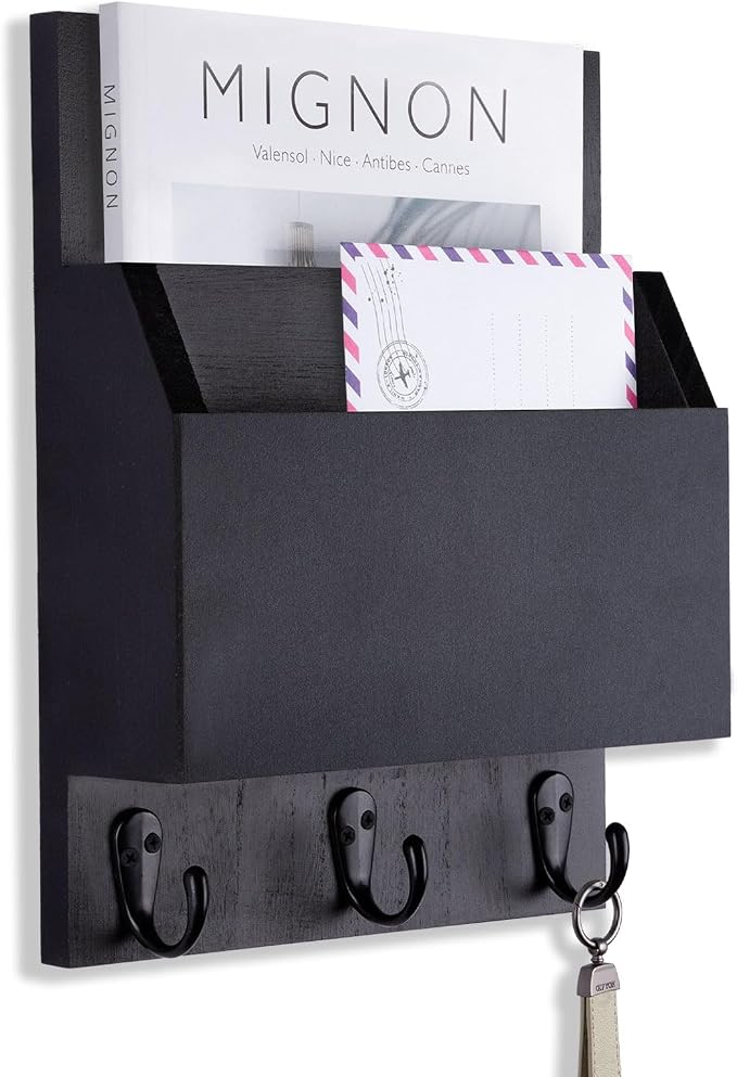 Key and Mail Holder for Wall Mount, Entryway Mail Holder with 2 Slot, Key Holder with 3 Sturdy Hooks for Coat, Dog Leash, Decorative Key Rack (8.86”W x 11.42”H x 3”D) (Black)
