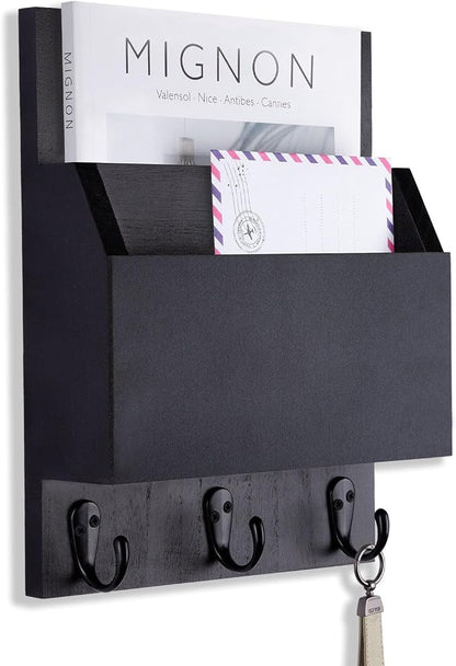 Key and Mail Holder for Wall Mount, Entryway Mail Holder with 2 Slot, Key Holder with 3 Sturdy Hooks for Coat, Dog Leash, Decorative Key Rack (8.86”W x 11.42”H x 3”D) (Black)
