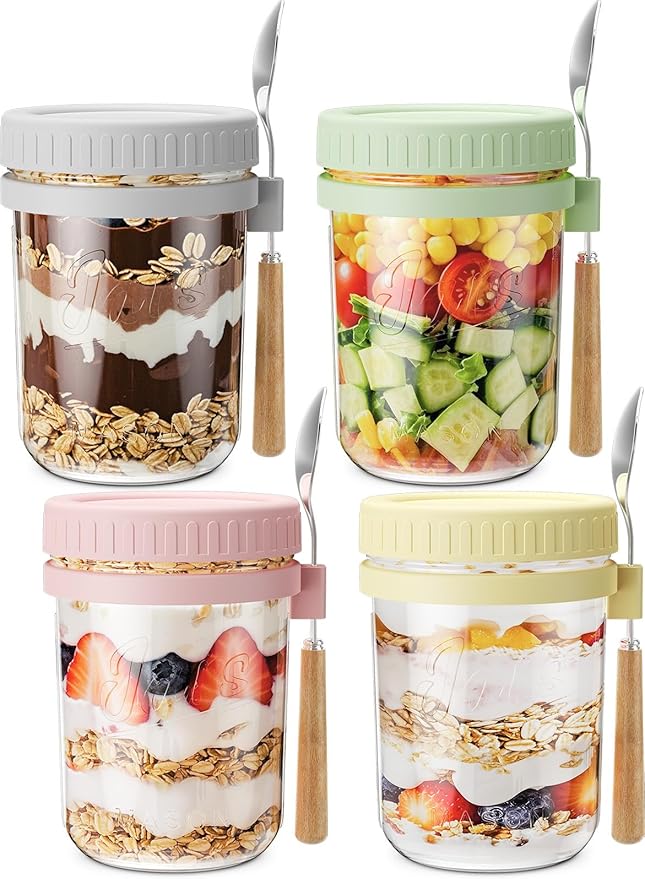 HomArtist 16oz Overnight Oats Containers with Lids and Spoons, 4 Pack Wide Mouth Mason Jars with Airtight Lids, Overnight Oats Jars for Salad, Chia Seed, Cereal, Yogurt