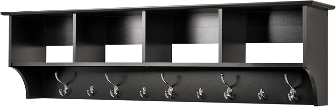 Prepac 60" Contemporary Wall Mounted Coat Rack, Coat Hooks Wall Mount with 4 Shelves, Ideal for Hallway or Entryway Hanging Solution, 11.5"D x 60"W x 16.5"H, Black