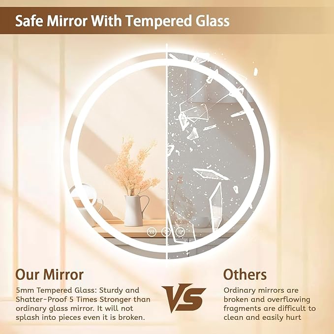 Led Bathroom Mirror with Lights, Anti-Fog & Tri-Color Lighting - Wall Mounted Shaving Mirror with Touch Sensor, Waterproof Smart LED Vanity Mirror Tempered Glass Dimmable (24" L x 24" W)