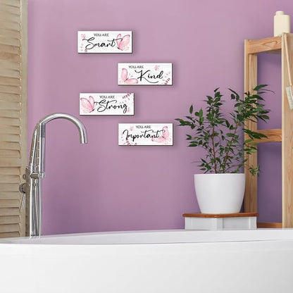 DONFENTHY 4 Pcs Butterfly Wall Decor Pink Room Decor Wooden Positive Butterfly Decor with Inspirational Word Sign for Teen Girls Women Room Bathroom Bedroom Office(Pink,10x4 Inch)