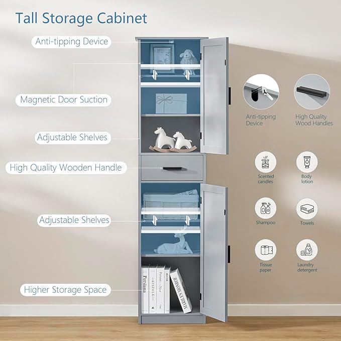 usikey 67“ Tall Bathroom Cabinet, Storage Cabinet with 4 Shelves & 2 Doors, Narrow Storage Cabinet for Bathroom, Living Room, Home Office, Greige UNSNG040G