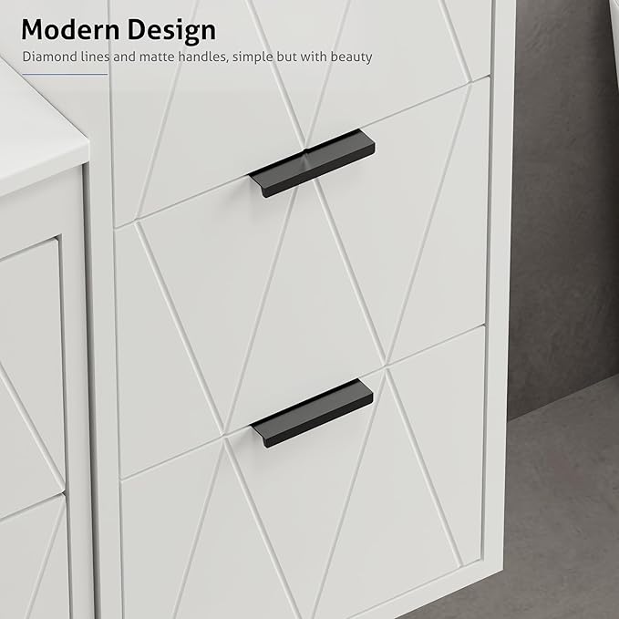 eclife 12" Bathroom Vanities Cabinet with Sink Combo, Wall Mounted Floating Cabinet W/Decor Line, Soft-Close System, 3 Extra Big Drawers, Matte Black Faucet, White