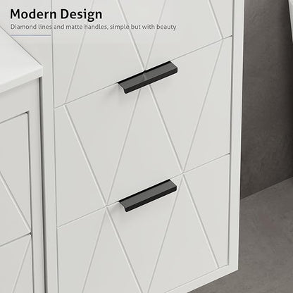 eclife 12" Bathroom Vanities Cabinet with Sink Combo, Wall Mounted Floating Cabinet W/Decor Line, Soft-Close System, 3 Extra Big Drawers, Matte Black Faucet, White