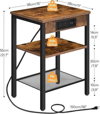 HOOBRO Side Tables Set of 2 with Charging Station and USB Port, Small End Tables for Small Space, 3-Tier Nightstands with Adjustable Shelf, for Living Room, Bedroom, Rustic Brown BF112BZP201