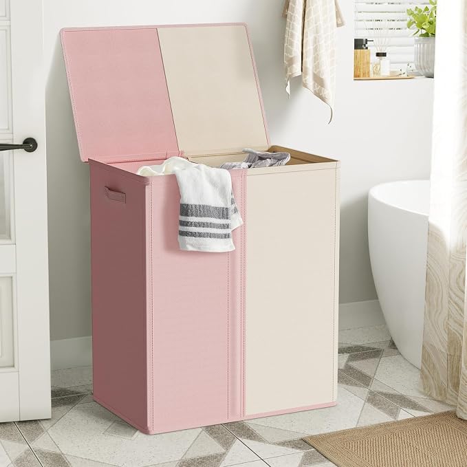 WOWLIVE Double Laundry Baseket with Lid and Removable Laundry Bags,154L Large Laundry Hamper 2 Section Collapsible Dirty Clothes Hamper for Laundry Room,College Dorm,Bathroom,Pink and Beige