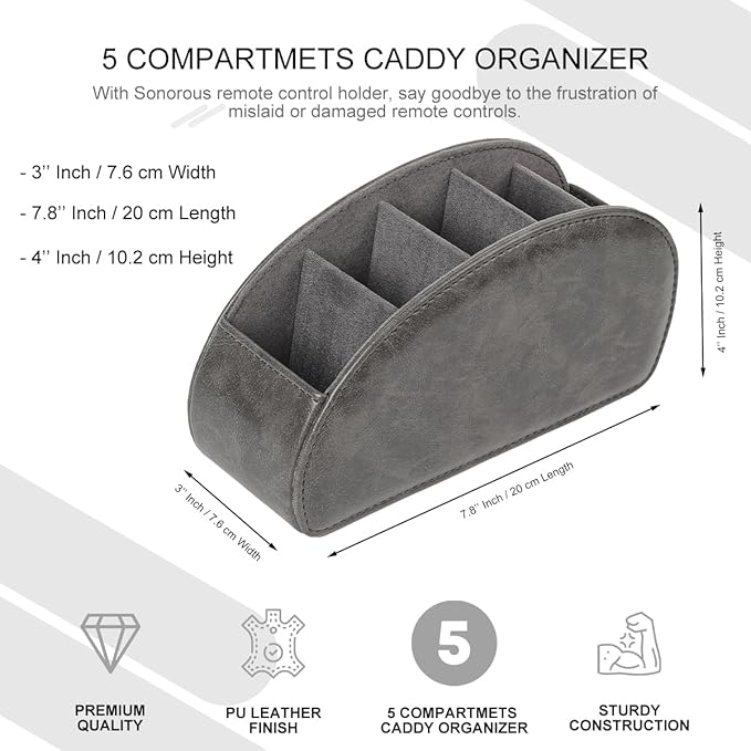TV Remote Control Holder with 5 Compartments,Pu Leather Remote Caddy/Tray Bedside Table Desk Storage Organizer for DVD, Blu-Ray, Media Player, Heater Controllers andMakeup storage box (Grey)