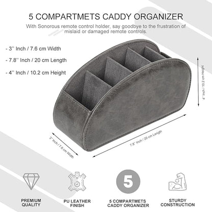 TV Remote Control Holder with 5 Compartments,Pu Leather Remote Caddy/Tray Bedside Table Desk Storage Organizer for DVD, Blu-Ray, Media Player, Heater Controllers andMakeup storage box (Grey)