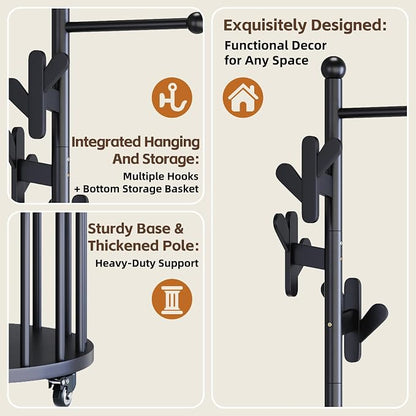Uniclinens Freestanding Wooden Coat Rack with Umbrella Holder，Black Coat Rack with Hooks, Space-Saving Entryway Organizer for Hanging Clothes and Storing Towels, Bedroom, Living Room
