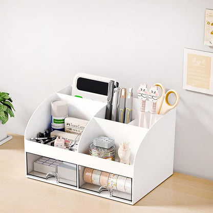 COMFYROOM Desk Organizer with 6 Compartments and 2 Drawers, Plastic Makeup Organizer, Pen Holder for Desktop Storage, Desk Organization for School, Home, Office Supplies (White)