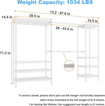 Ulif E11 Heavy-Duty Garment Rack, Metal Freestanding Clothes Rack and Closet Storage Organizer with 8 Shelves and 4 Hanger Rods, (73.2-97.6)" W x 14.5" D x 71.2" H, Load 1034 LBS, White