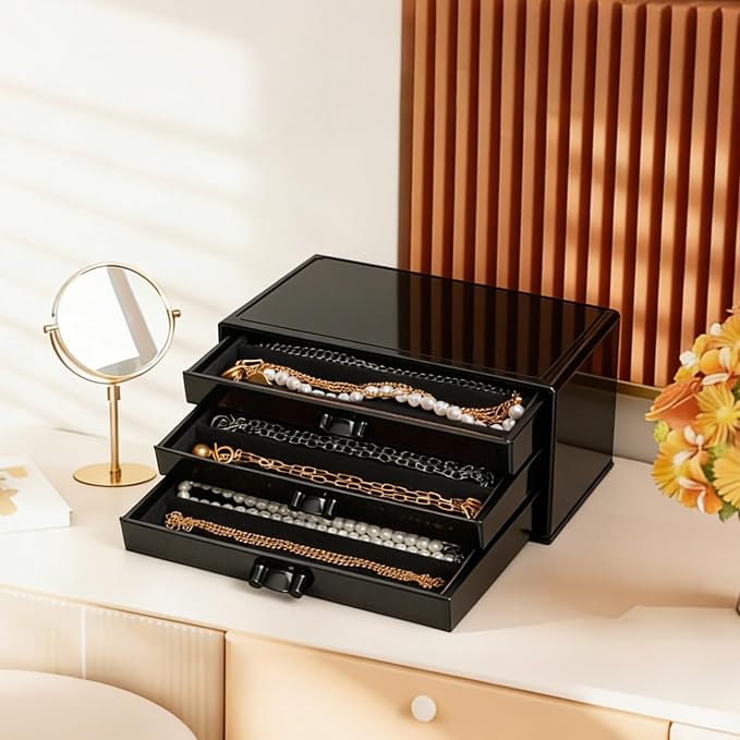YUFONG Necklace Holder Organizer, Dustproof Necklace Box Velvet Necklace Organizer Box with Lid Clear Acrylic Dustproof Stackable Jewelry Displays for Necklaces Chain Display (Black Black, 3 Drawer)