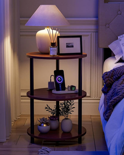 XBurmo Small Round End Table - 3 Tier Design Accent Table, Narrow Side or Bedside Stand, Industrial Vintage Table for Small Spaces, Built-in USB Ports and Power Outlet, Rustic Walnut