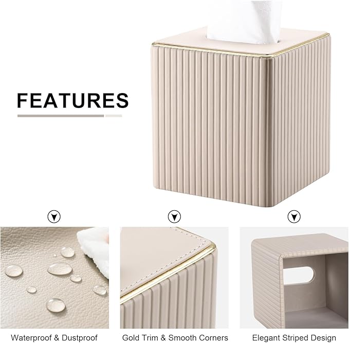 KINGFOM Square Tissue Box Cover, PU Leather Tissue Box Holder for Kleenexs with Magnetic Bottom Cover for Facial Tissues/Napkins, Office & Living Room Decor Box Beige