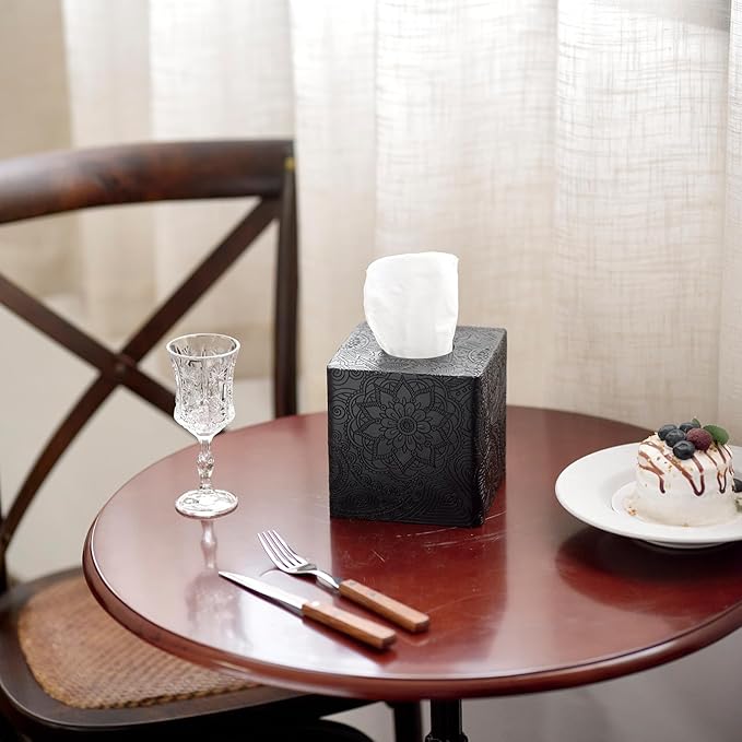 Square Tissue Box Cover Decorative,Napkin Dispenser,Facial Paper Holder for Bathroom Vanity Countertop,Bedroom Dresser,Night Stand, Desk, Office and End Table,Boho Flowers Black