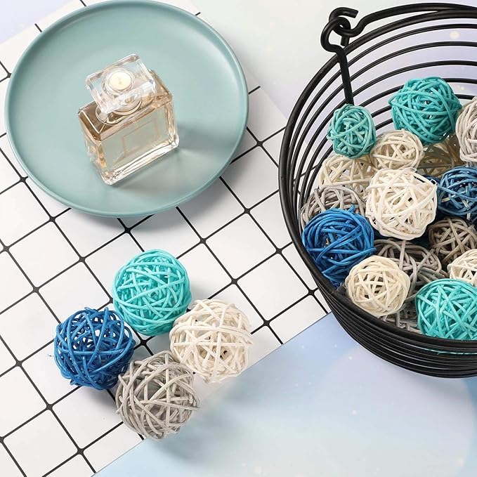 Patelai 36 Pcs Wicker Rattan Balls Decorative Balls for Vase Centerpiece Bowls Orbs Filler for Home Decor,4 Sizes(Dark Blue, Sky Blue, Gray, White)