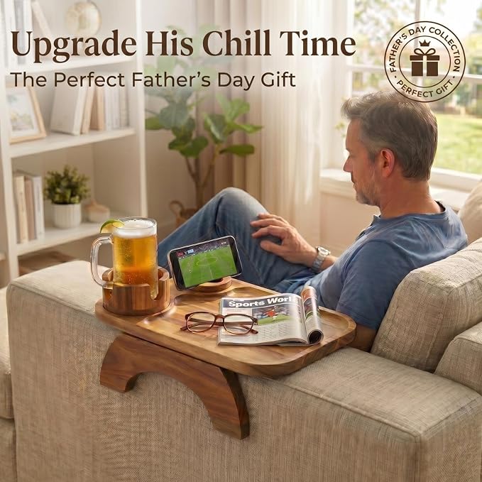Couch Armrest Table, Acacia Wood Sofa Arm Tray with 360° Rotating Phone & Cup Holder, Clip-On Arm Rest Table for Couch, Anti-Slip Tray for Snacks & Drinks, for Men Dad, 15.4" x 9.8"