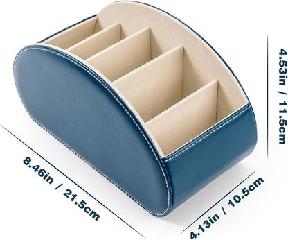 Remote Control Holders Organizer Box with 5 Compartment PU Leather Multi-functional Office Desk Storage Caddy Store Tv Remote for Media Player,Brush,Pencil,Glassees&Office Supplies (peacock blue)