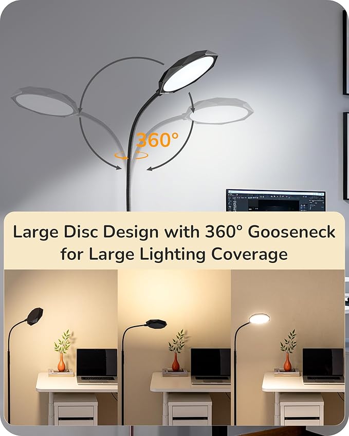 EDISHINE LED Floor Lamp, 1300LM Super Bright Reading Floor Lamps for Living Room, Dimmable 4 Color Temperature Standing Lamp, Remote & Touch Control, Adjustable Gooseneck Lamp for Bedroom Office Black