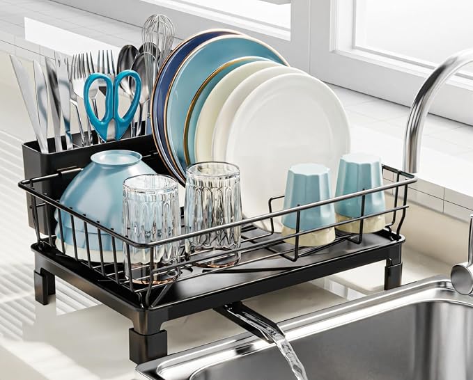 GSlife Small Dish Drying Rack for Kitchen Counter with Drainboard - Compact Dish Drainer for RV, Camper and Apartment, Rust-Resistant Wire Rack with Utensil Holder, 15"L x 10"W, Black