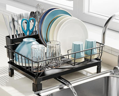 GSlife Small Dish Drying Rack for Kitchen Counter with Drainboard - Compact Dish Drainer for RV, Camper and Apartment, Rust-Resistant Wire Rack with Utensil Holder, 15"L x 10"W, Black