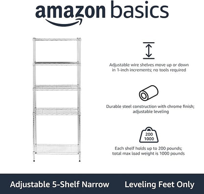 Amazon Basics 5-Shelf Adjustable Storage Shelving Unit for Garage, Steel Wire Rack, 200 Pound Loading Capacity per Shelf, 23.2" x 13.4" x 60", Chrome Finish