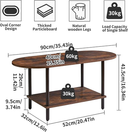 Aibiju Rustic Coffee Table Small Coffee Table, TV Centre Table Stand 35 * 16 * 17", 2-Tier Oval Wood Tea Table for Living Room Apartment Rustic Brown YD-012H