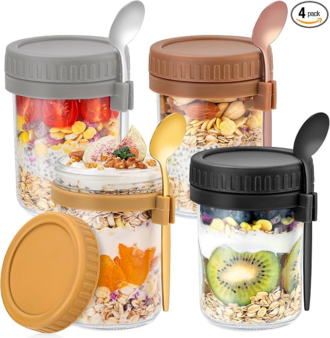 DRKIO 4 Pack Overnight Oats Containers with Lids and Spoons 16 Oz Glass Mason Jars for Overnight Oats Jars Leak Proof Oatmeal Container Great for Cereal Fruit Vegetable Milk Salad Yogurt Meal Prep