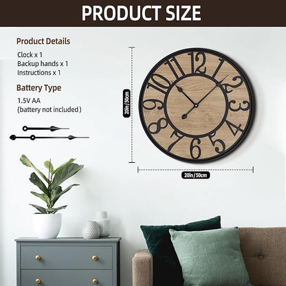 Maxstar Large Wall Clock for Living Room,Metal & Wood Silent Rustic Farmhouse Wall Clock with Arabic Numeral, Battery Operated Decorative for Bedroom Office Home Decor 20inch Black