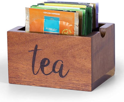 Acacia Sugar Packet Caddy for Coffee Bar, Farmhouse Wood Sugar Holder Packets , Sugar Packet Container, Small Tea Bag Organizer for Office Table,Hotel, Restaurant, Brown Labeled "Tea"