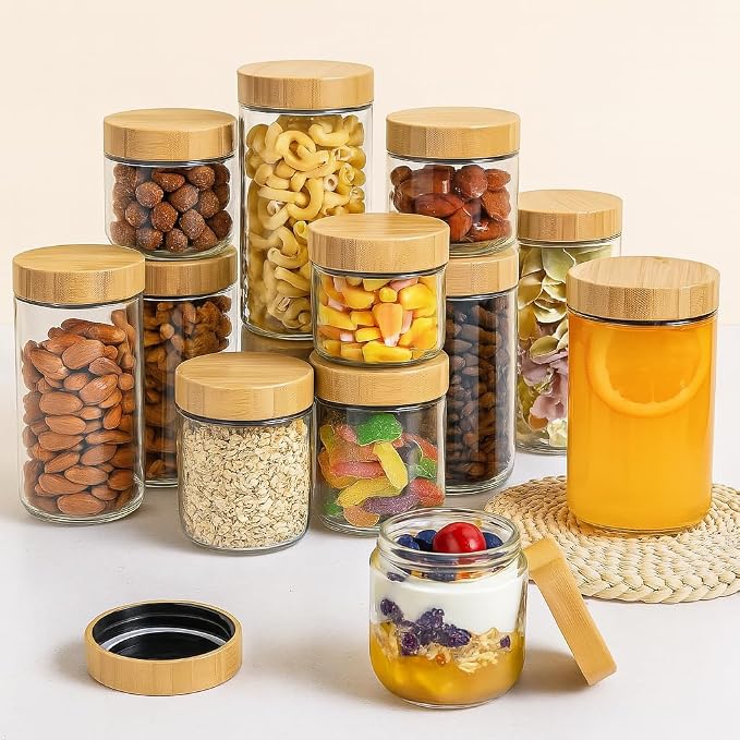 TBWIND 4 Pack 10oz Glass Jars with Bamboo Lids, Spoons, Airtight Overnight Oats Containers, Wide Mouth Mason Jars, Food Storage Container for Yogurt Salad Snacks Spice Sugar Meal Prep – Reusable