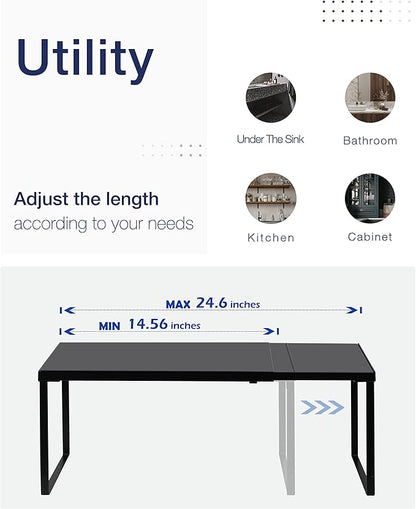 Nxconsu Cabinet Shelf Expandable Organizer Riser Rack for Kitchen Pantry Cupboard Under Sink Countertop Home Organization Extra Storage Space Saver Heavy Duty Metal Edgeless Design Black Large