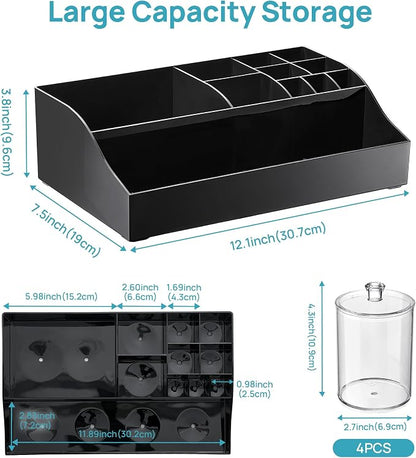 Vtopmart 5 PCS Bathroom Countertop Organizer, 1 Divided Tray with 4 Qtip Holder Jars, Restroom Clear Organizers for Toothbrush, Cotton Pads Balls, Floss, Bathroom Vanity Accessories Storage Set, Black