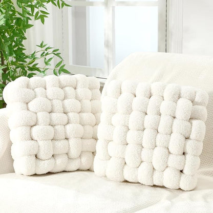 Wenqik 2 Pcs Knot Pillows Square Knotted Plush Throws Soft Accent Pillows Decoration Cushion for Couch Home Office Living Room Bedroom Bed Sofa Decor, 12'' x 13''(Cream White,Lambswool)