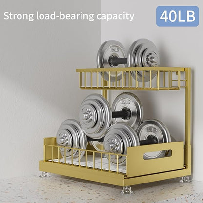 Under Sink Organizer Storage 2-Tier Premium Metal Pull-Out Kitchen Cabinet Organizer with Sliding Drawer, Height Adjustable, Heavy Duty for Kitchen & Bathroom Organizers 1 Pack Gold