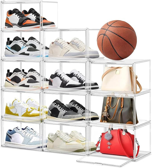 Shoe Storage 6 Pack Size 13 Acrylic Clear Shoe Storage Box Stackable Large Sneakers Display Case with Magnetic Door Hat Boxes Shoe Organizer for Closet