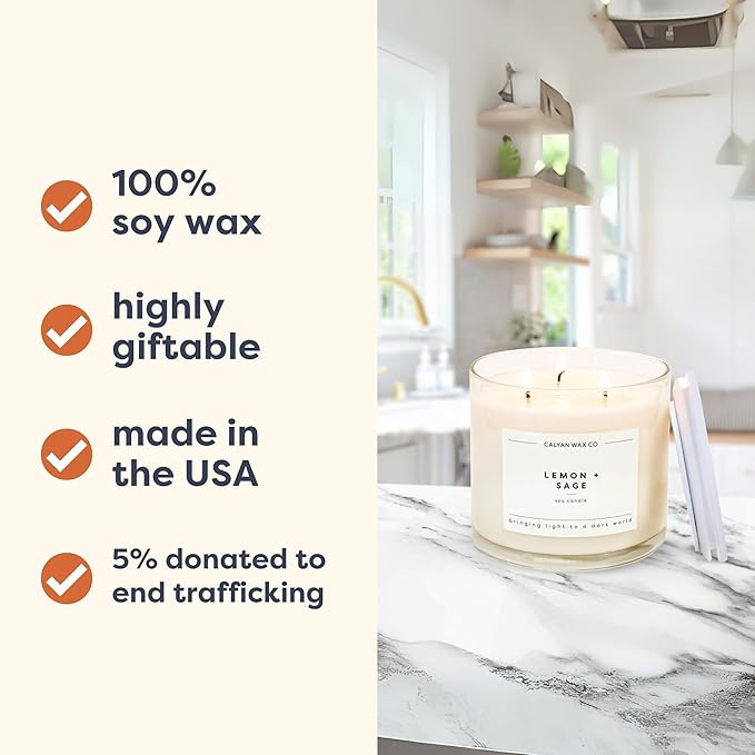 Calyan Wax Co. Lemon & Sage 3 Wick Scented Candle - 43 Hour Burn - Luxury 3 Wick Soy Candles - Non Toxic Soy Wax Candles - Long Lasting Large Glass Jar Candle for Home - 14.9oz
