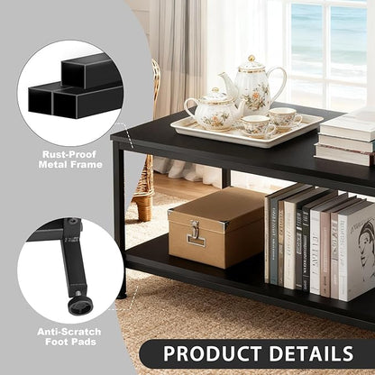 SUPER DEAL 2-Tier Coffee Table with Storage Shelf for Small Apartment Living Room, Rectangle Wood and Stable Metal TV Stand Side End Table, Black