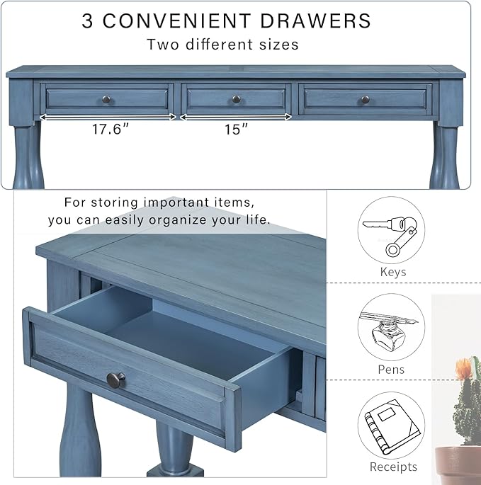 Knocbel 64 Inch Long Antique Entry Console Table with Drawers & Bottom Open Shelf, Solid Wood Sofa Couch Table for Entryway Hallway Living Room (Navy)