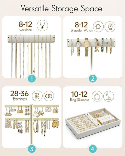 Vlando 3 Tier Necklace Holder Organizer with Tray, Leather Bracelet Holder Display for Women, Gold Jewelry Stand for Bracelet, Necklace, Earrings, Rings - Cloud White