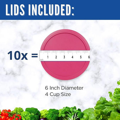 Replacement Lids fits Pyrex 4-Cup Glass Food Storage Container Bowls, 6-Inch Plastic Round Lids Covers for Pyrex 7201-PC, Airtight & Leakproof (10-Pack, Fuchsia)