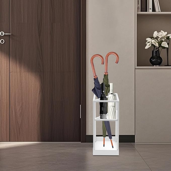 Umbrella Rack for Entryway, Modern Metal 20.87in Tall Freestanding Umbrella Holder with Built-in Shelf, Compact Storage for Long&Short Stick Rain Umbrellas and Walking Canes (White)