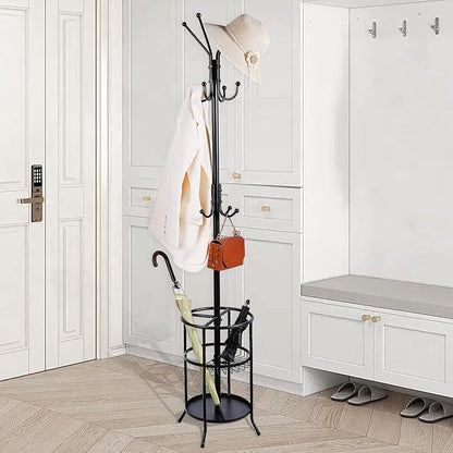 Freestanding Coat Rack with Umbrella Holder,Metal Coat Tree with 12 Hooks for Hanging Coat,Hats,Bag, Black Modern Coat Rack Stand Umbrella Stand for Entryway, Living Room, Bedroom, Office