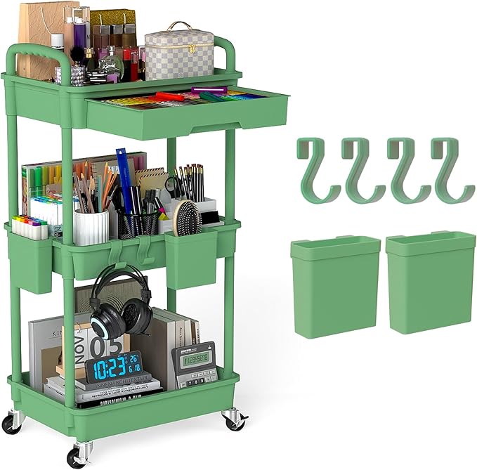 LLMRR 3 Tier Rolling Utility Cart with Drawer, Plastic Storage Organizer Rolling Carts with Wheels Handles Hanging Cups Hooks for Office, Bathroom, Kitchen,Craft Art Room (Green)
