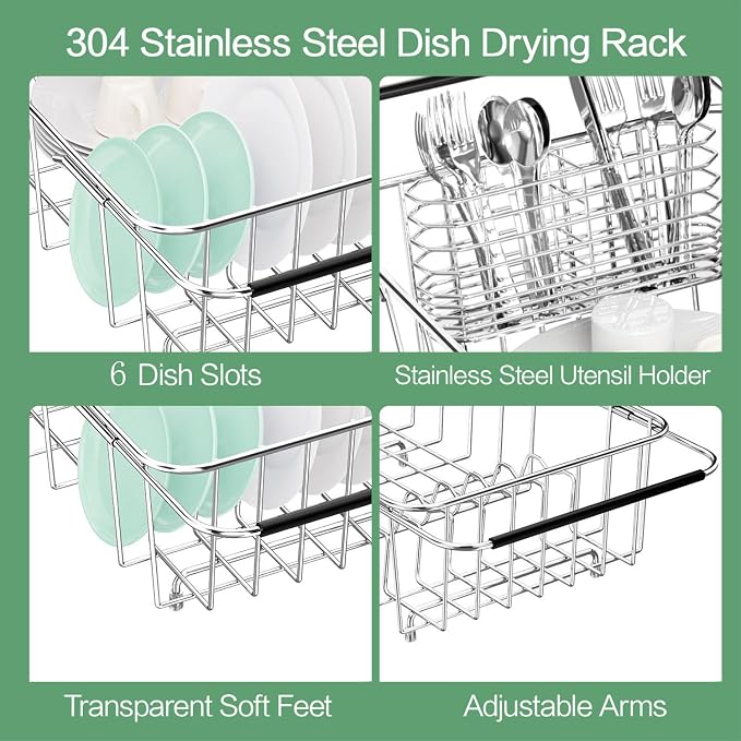 Fanbsy Small Dish Drainer Rack in Sink Adjustable, Expandable Stainless Steel Metal Dish Drying Rack Organizer with Stainless Steel Utensil Holder Over Inside Sink Counter, Rustproof(for 1-2 People)