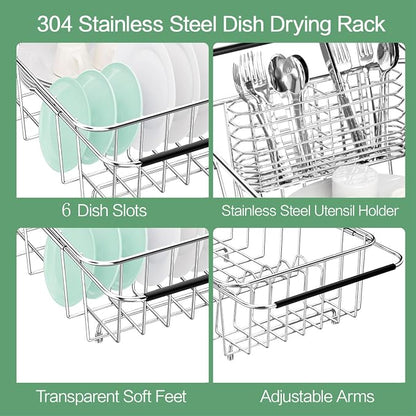 Fanbsy Small Dish Drainer Rack in Sink Adjustable, Expandable Stainless Steel Metal Dish Drying Rack Organizer with Stainless Steel Utensil Holder Over Inside Sink Counter, Rustproof(for 1-2 People)