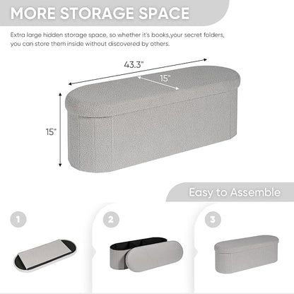 B FSOBEIIALEO Ottoman with Storage for Living Room, Sherpa Folding Storage Ottoman Foot Rest, 43.3 Inches Collapsible Bedroom Bench Grey